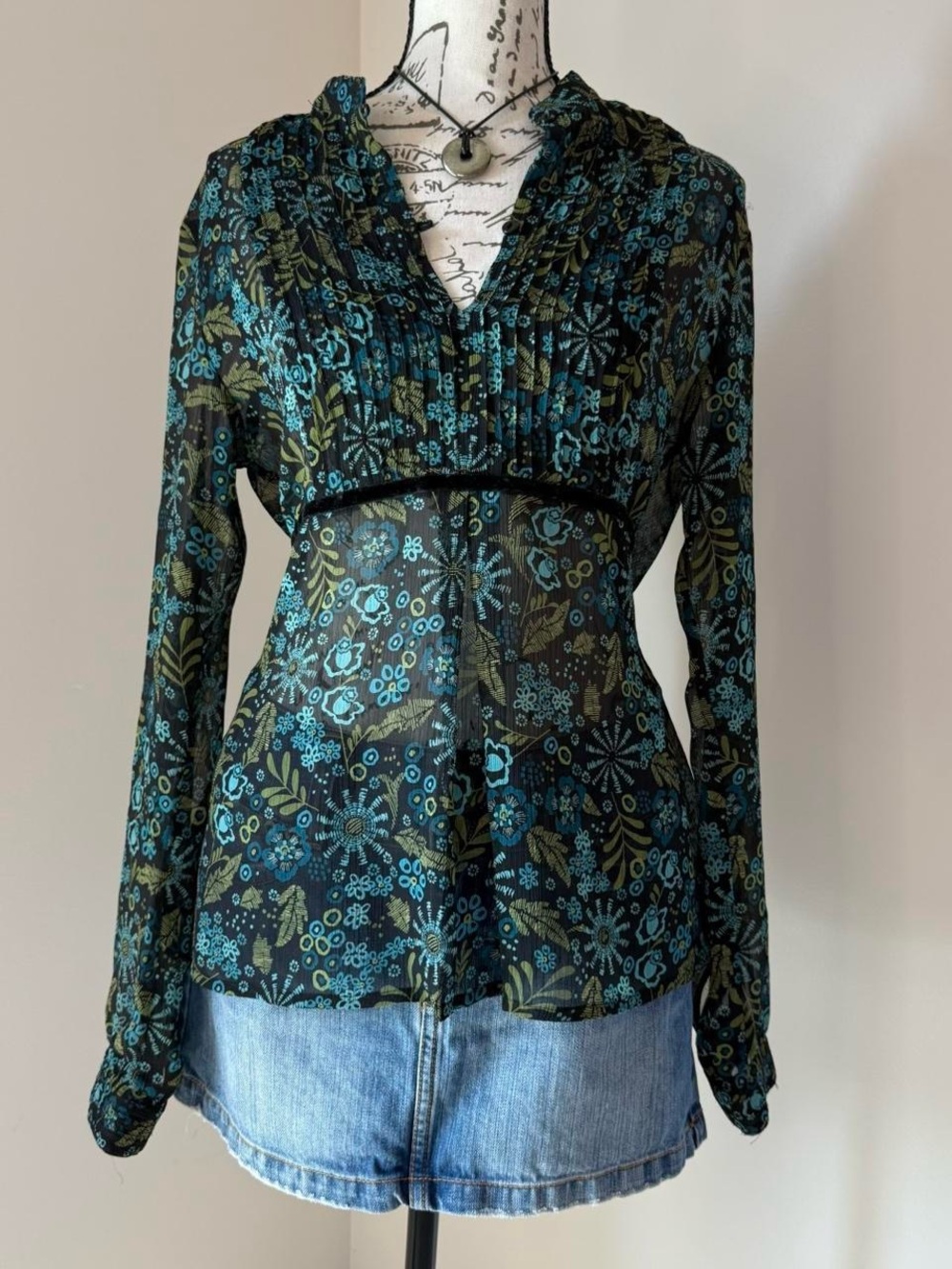 y2k boho chic black & blue floral mesh babydoll long sleeve blouse